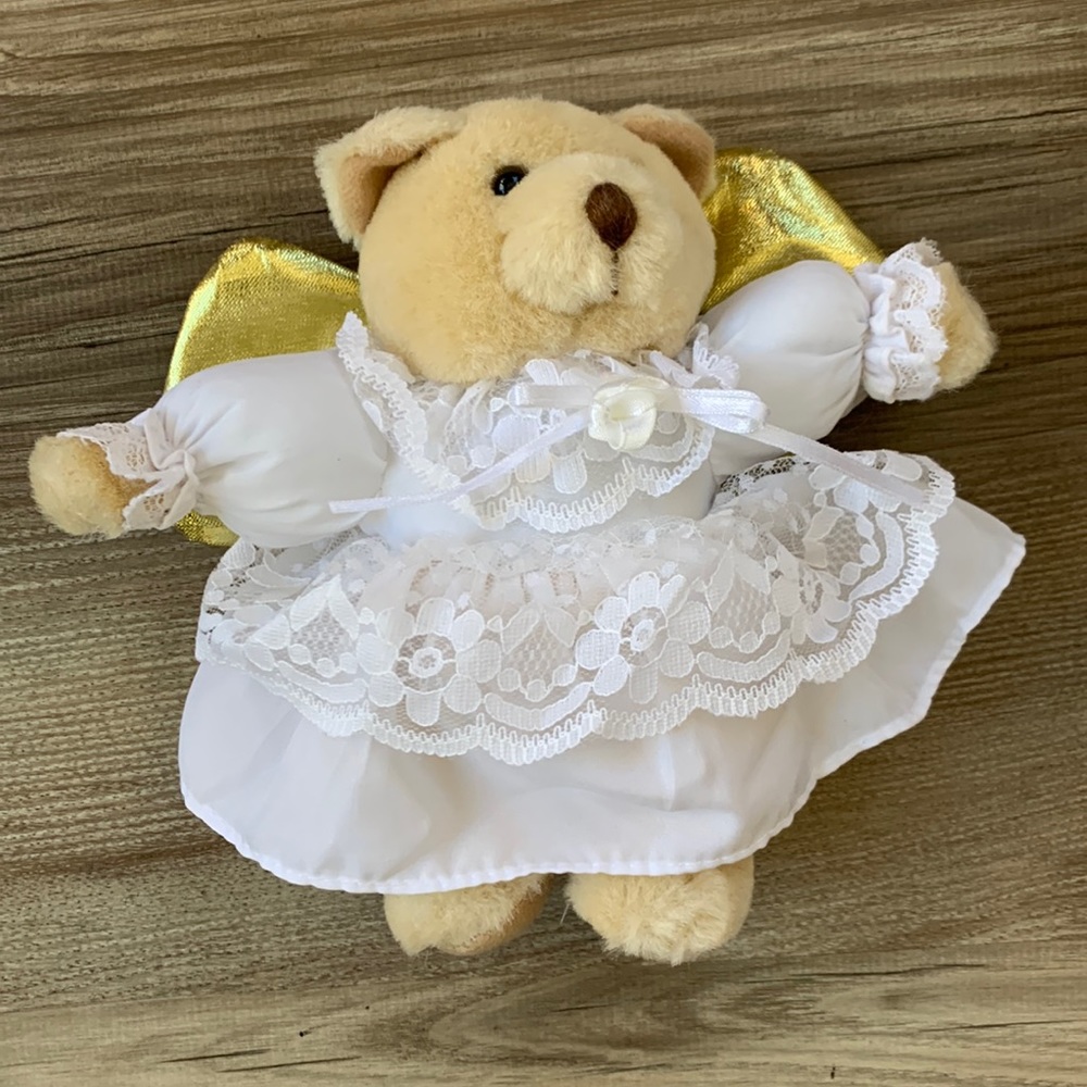 Angel Winged Teddy Bear Plush Stuffed Animal Wearing White Lace Dress Gold Wings
